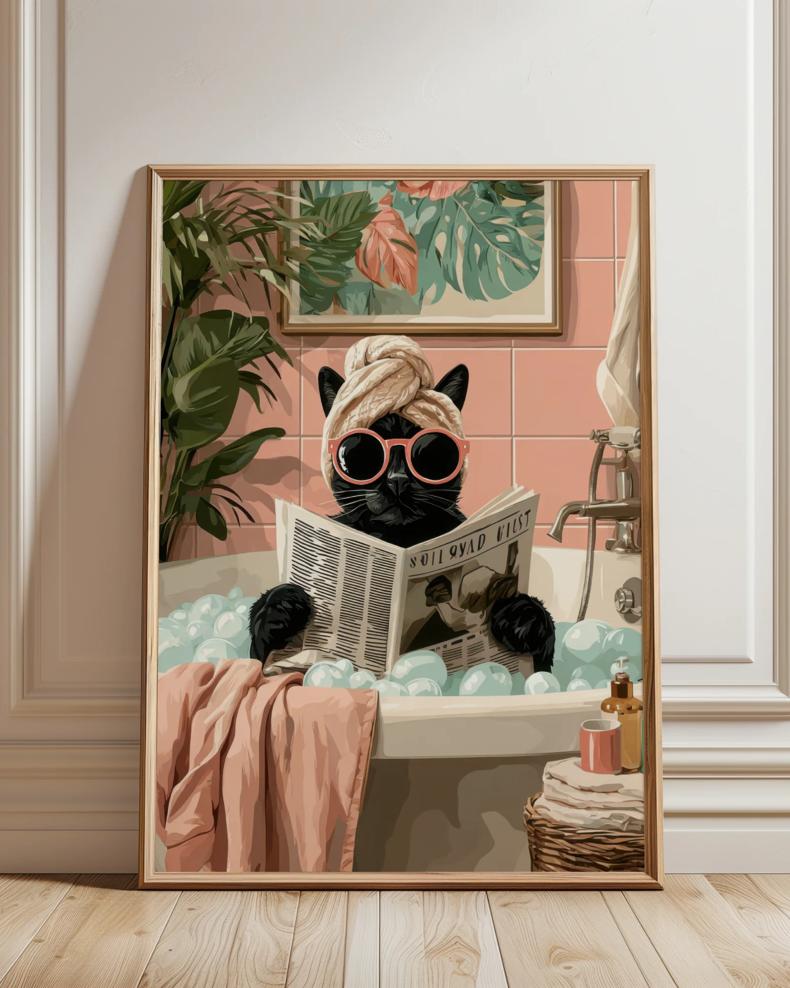 Black Cat in Bubble Bath Reading Newspaper