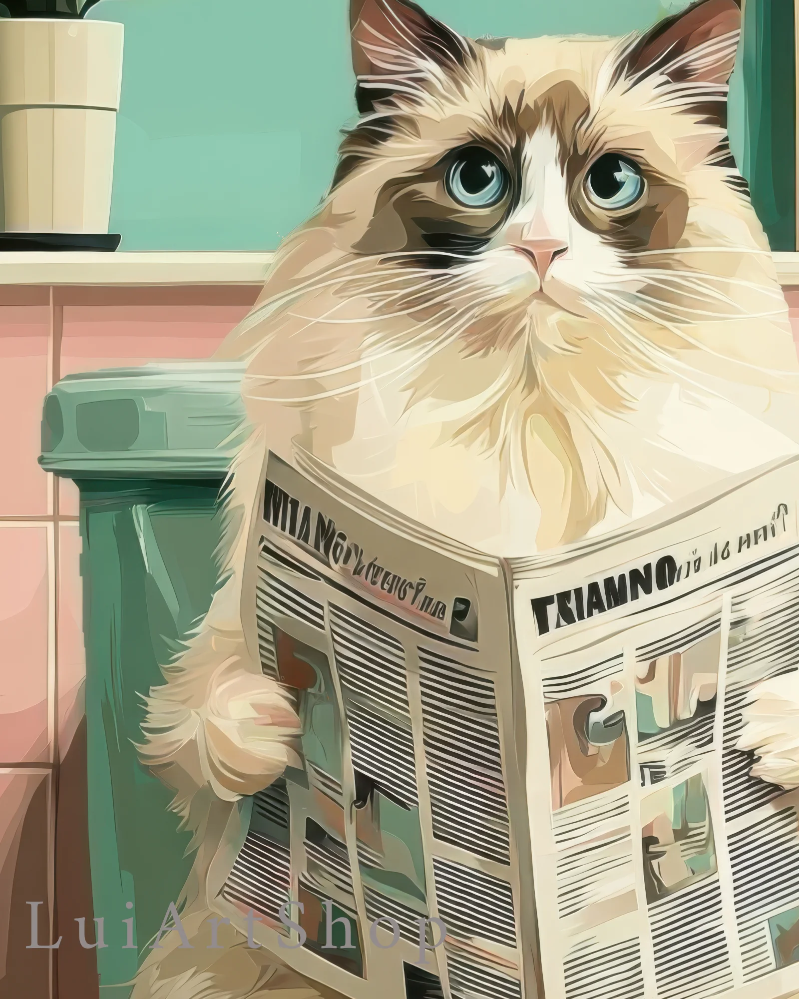 Ragdoll Cat Toilet Reading Newspaper Printable Poster