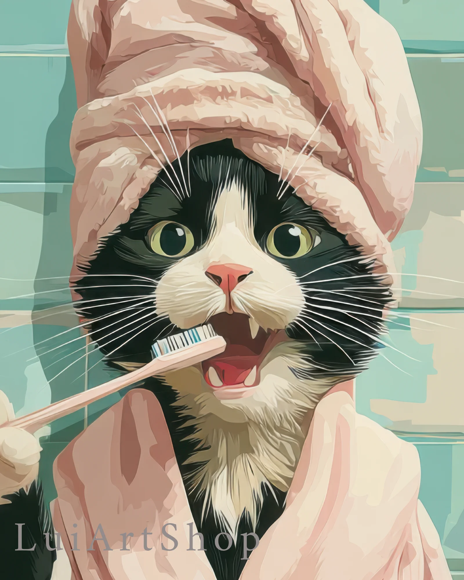 Tuxedo Cat Brushing Teeth