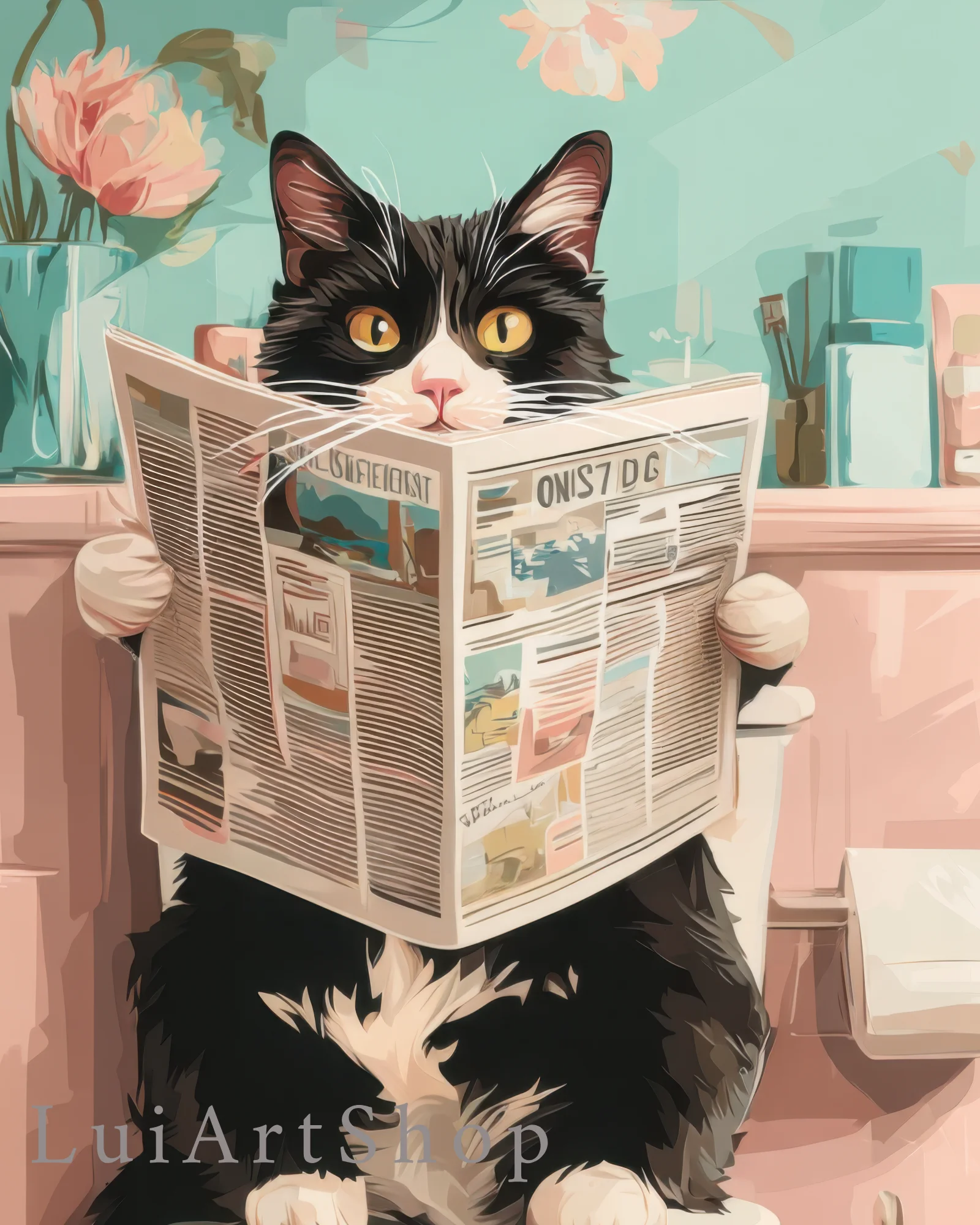 Tuxedo Cat on Toilet
