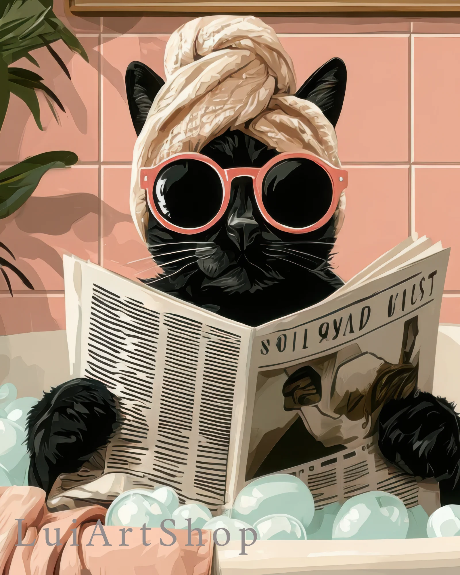 Black Cat in Bubble Bath Reading Newspaper