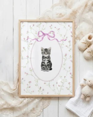 American Shorthair Kitten Pink Floral Nursery Printable Cat Poster