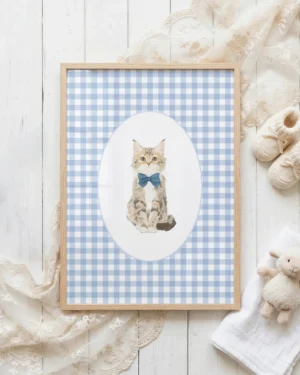 Maine Coon Kitten Blue Gingham Nursery Printable Cat Poster