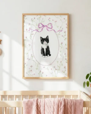 Tuxedo Kitten Kitten Pink Floral Nursery Printable Cat Poster