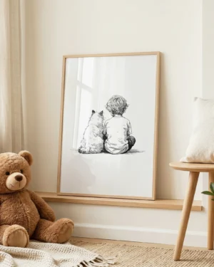 Boy and Ragdoll Cat Sitting Together Nursery Printable Cat Poster