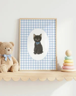 Black Kitten Blue Gingham Nursery Printable Cat Poster