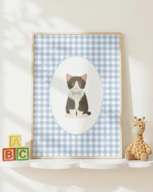 Tuxedo Kitten Blue Gingham Nursery Printable Cat Poster