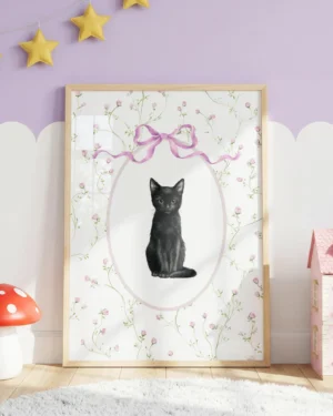 Black Kitten Pink Floral Nursery Printable Cat Poster