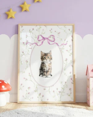 Maine Coon Kitten Pink Floral Nursery Printable Cat Poster