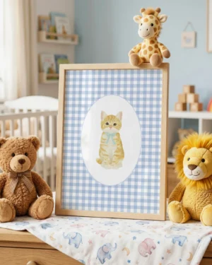 Orange Tabby Kitten Blue Gingham Nursery Printable Cat Poster