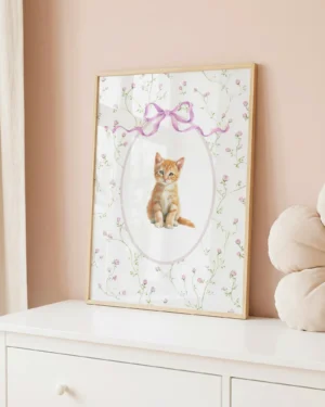 Orange Tabby Kitten Pink Floral Nursery Printable Cat Poster
