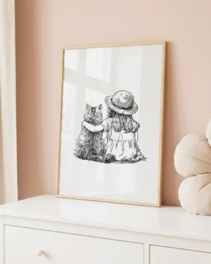 Girl and Cat Sitting Together Nursery Printable Cat Poster
