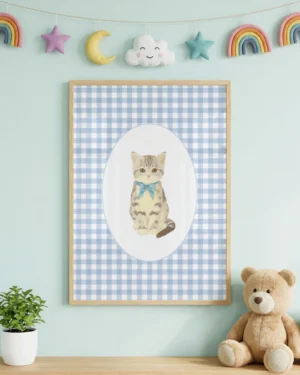 Set of 6 Blue Gingham Nursery Printable Cat Poster