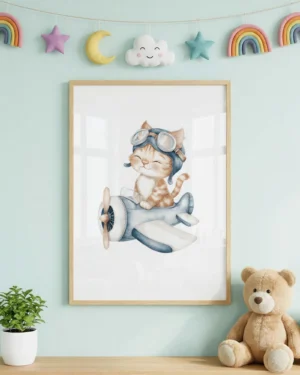 Orange Tabby Kitten on an Airplane Nursery Printable Cat Poster