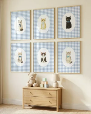 Set of 6 Blue Gingham Nursery Printable Cat Poster