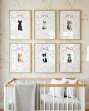Set of 6 Pink Floral Kitten Nursery Printable Cat Poster