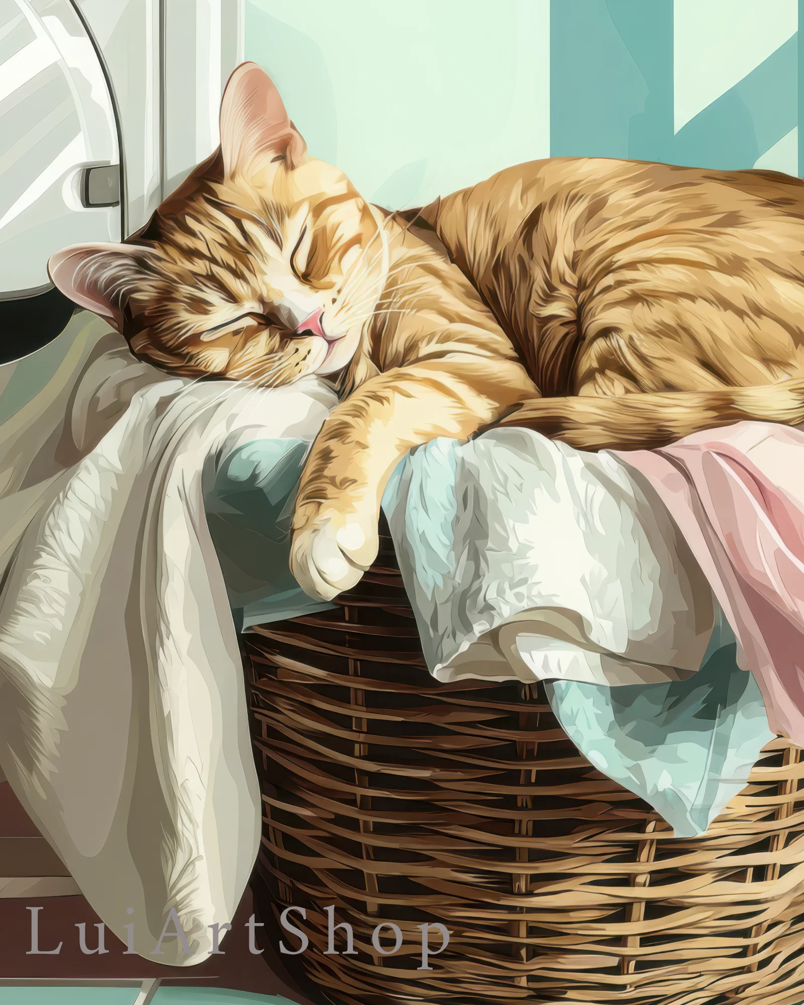 Orange Tabby Cat Sleeping in Laundry Basket Printable Cat Poster