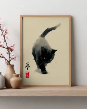 Japanese Sumi-e Black Cat Wabi Sabi Printable Poster