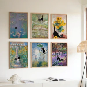 Set of 6 Claude Monet Inspired Black Cat Printable Poster