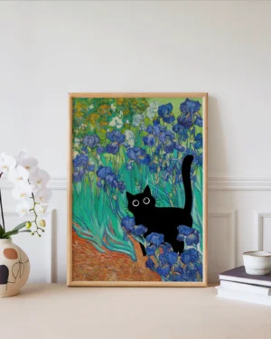 Black Cat with Irises Van Gogh Inspired Printable Poster