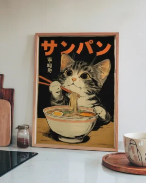 Vintage Cat Eating Ramen Noodles Printable Poster