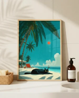 Vintage Black Cat Beach Summer Printable Poster