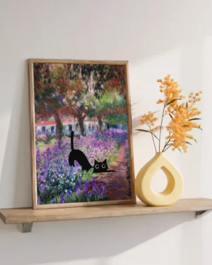 Black Cat in Monet's Irises Printable Poster