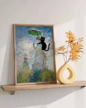 Black Cat with Monet's Woman with a Parasol Printable Poster