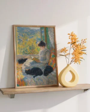 Black Cats with Woman Reading Monet Inspired Printable Poster