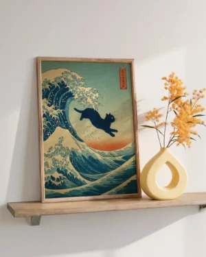 Black Cat Japanese Wave Printable Poster