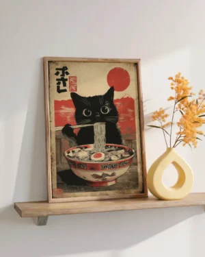Black Cat Eating Ramen Vintage Japanese Printable Poster