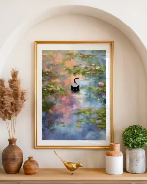 Black Cat in a Water Lily Pond Printable Poster