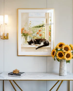 Tuxedo Cat Napping by Window Floral Printable Poster