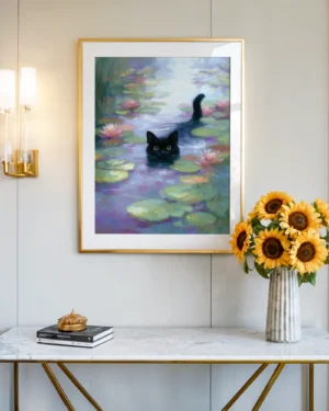 Peeking Black Cat in Monet's Water Lily Pond
