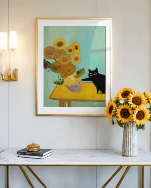 Funny Black Cat Sunflowers Van Gogh Inspired Printable Poster