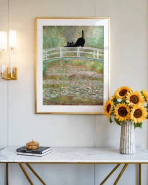 Black Cat on Monet's Japanese Bridge Printable Poster