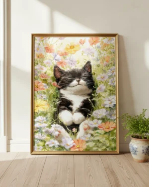 Tuxedo Cat Napping in a Flower Meadow Printable Poster