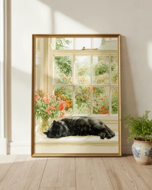 Sleeping Black Cat Window Floral Printable Poster