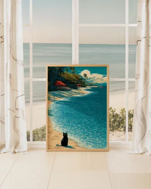 Summer Black Cat Beach Printable Cat Poster