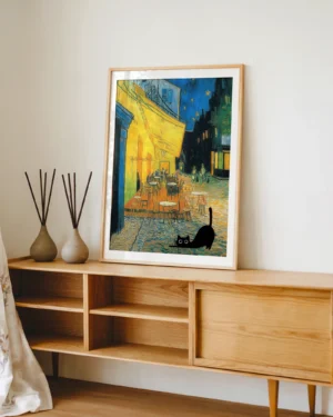 Black Cat at Van Gogh Cafe Terrace Printable Poster
