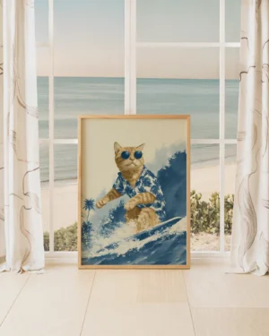 Surfing Tabby Cat Aloha Shirt Summer Printable Poster