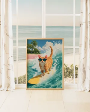 Surfing Tabby Cat Tropical Summer Printable Poster