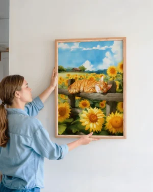 Tabby Cat Napping in Sunflower Field Printable Poster