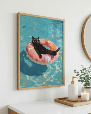 Black Cat on a Float Tropical Summer Printable Poster