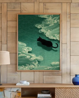 Japanese Black Cat Wave Printable Poster