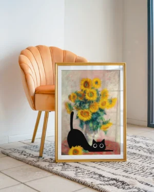 Black Cat with Monet's Sunflowers Printable Poster