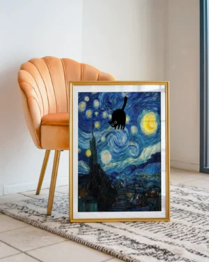 Black Cat with Starry Night Van Gogh Inspired Printable Poster
