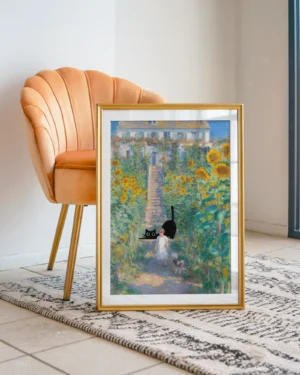 Black Cat in Monet's Artist's Garden Printable Poster