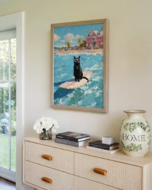 Surfing Black Cat Summer Printable Cat Poster