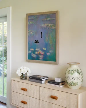 Black Cat in Monet's Water Lily Pond Printable Poster